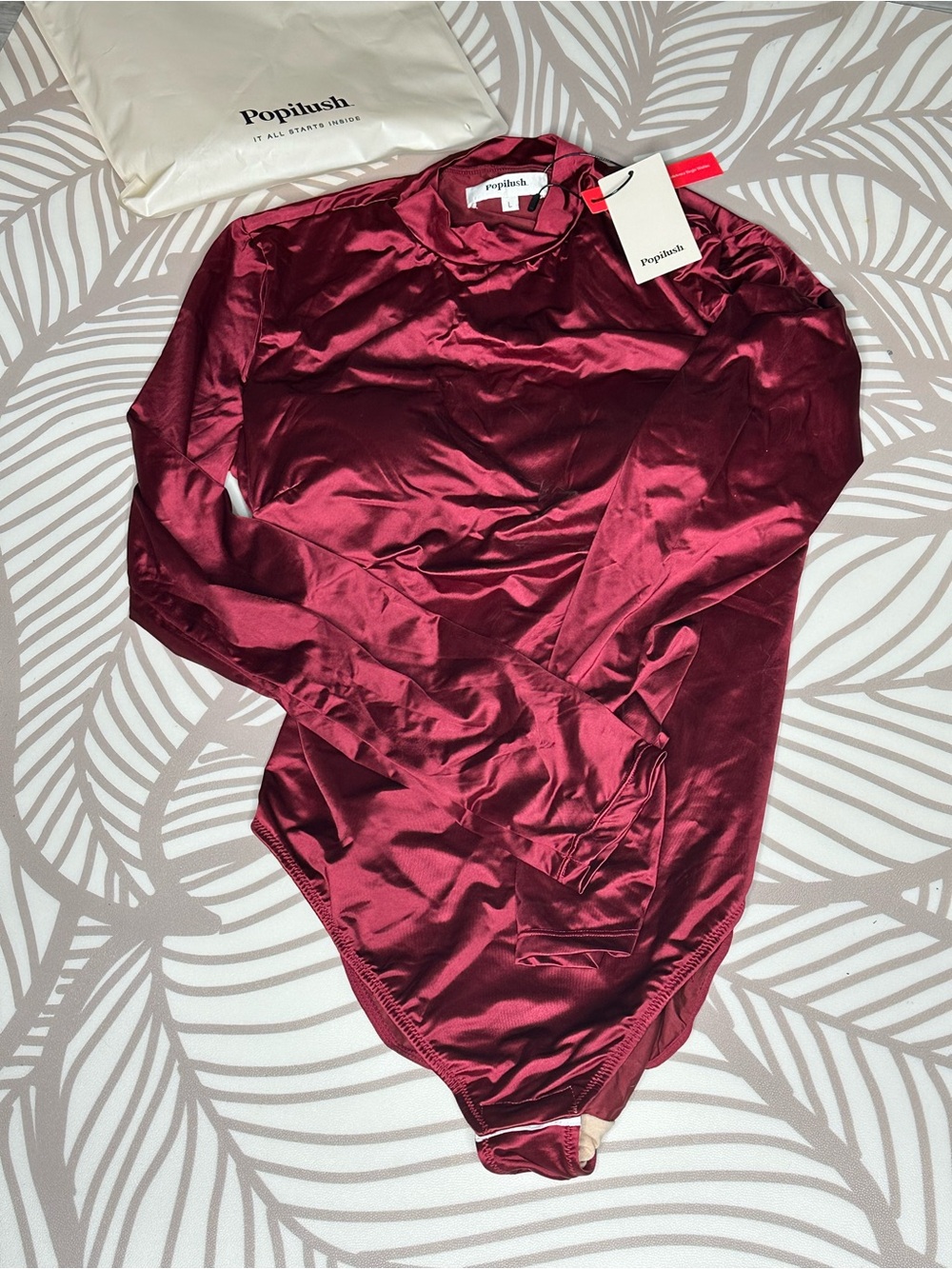 Poplush Long-Sleeve Satin Bodysuit in Burgundy